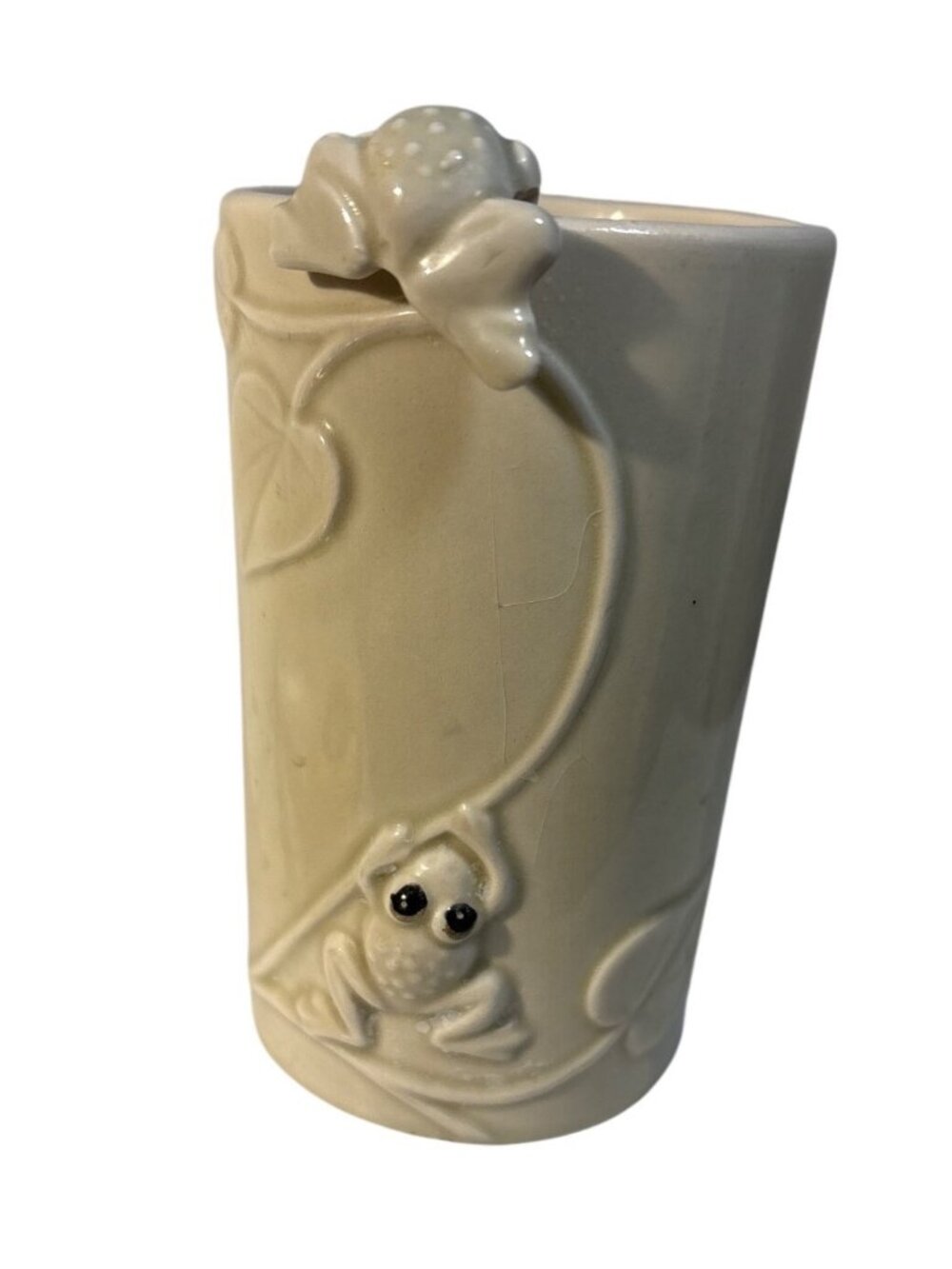 Ceramic Frog Vase Japan Cream Glossy Finish Embossed Frog & Leaf Design 3 Frogs